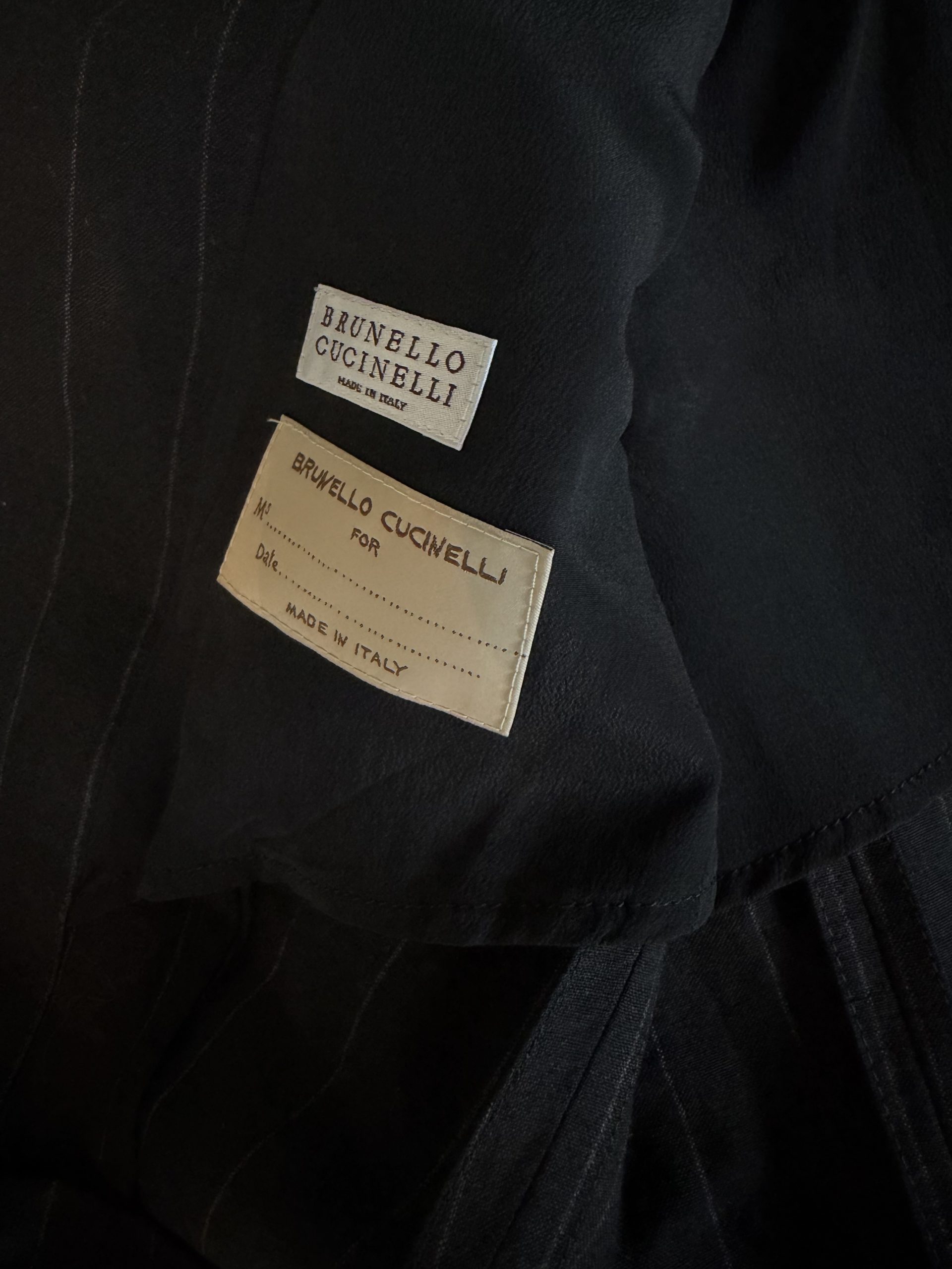 Brunello Cucinelli Black Pinstripe Double-Breasted Blazer with Crystal Floral Embellishment