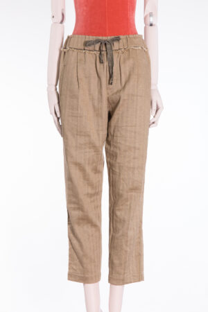 Brunello Cucinelli Herringbone Linen-Cotton Elastic Waist Trousers with Monili Detail