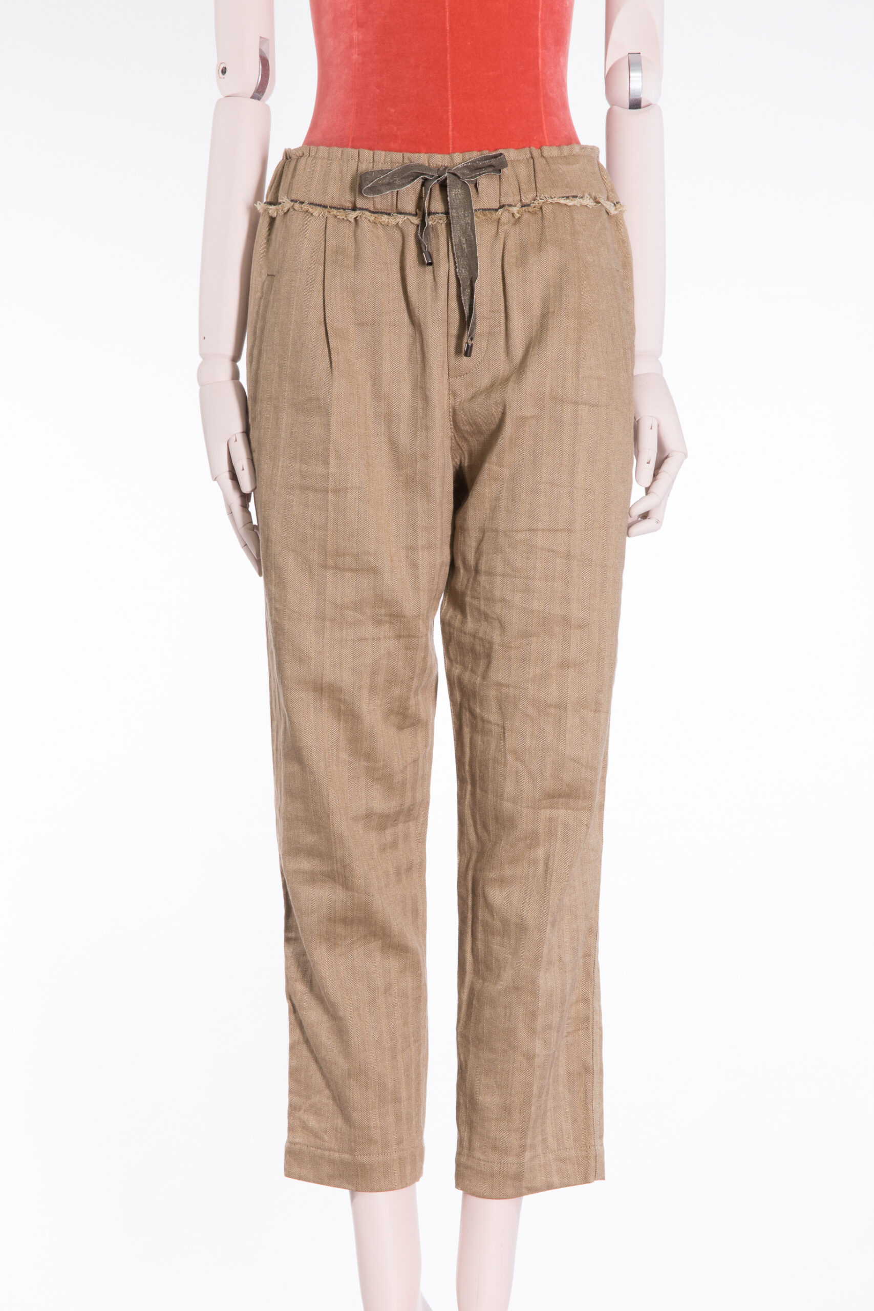 Brunello Cucinelli Herringbone Linen-Cotton Elastic Waist Trousers with Monili Detail Brunello Cucinelli Herringbone Linen-Cotton Elastic Waist Trousers with Monili Detail
