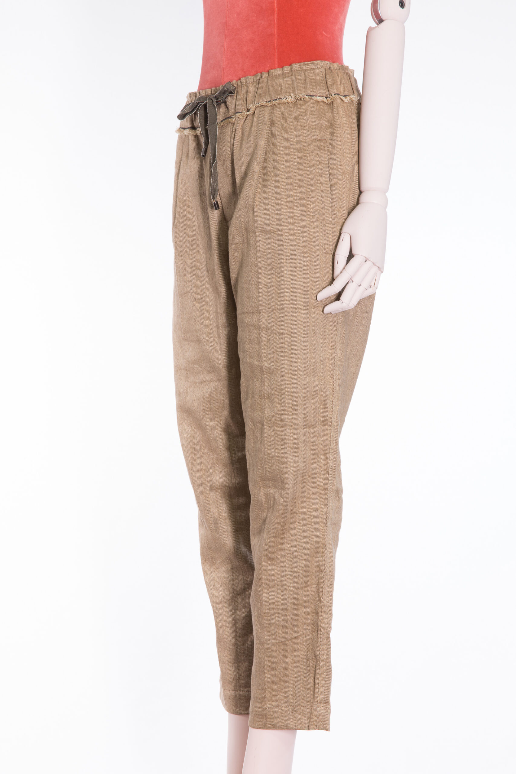 Brunello Cucinelli Herringbone Linen-Cotton Elastic Waist Trousers with Monili Detail Brunello Cucinelli Herringbone Linen-Cotton Elastic Waist Trousers with Monili Detail