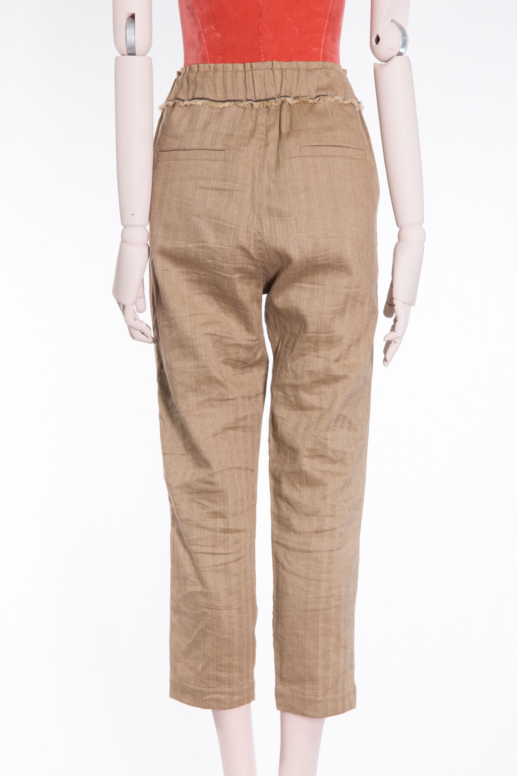 Brunello Cucinelli Herringbone Linen-Cotton Elastic Waist Trousers with Monili Detail Brunello Cucinelli Herringbone Linen-Cotton Elastic Waist Trousers with Monili Detail