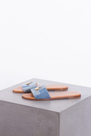 Louis Vuitton Lock It Flat Slides in Blue Denim – Gold Padlock