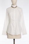 Brunello Cucinelli Classic White Blouse with Cashmere-Silk Trim, Stand Collar & Monili Brunello Cucinelli Classic White Blouse with Cashmere-Silk Trim, Stand Collar & Monili
