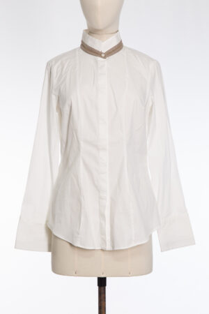 Brunello Cucinelli Classic White Blouse with Cashmere-Silk Trim, Stand Collar & Monili