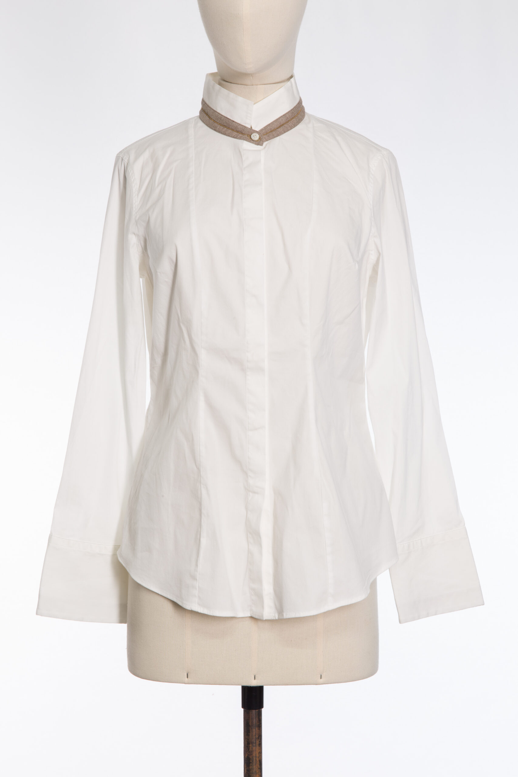 Brunello Cucinelli Classic White Blouse with Cashmere-Silk Trim, Stand Collar & Monili