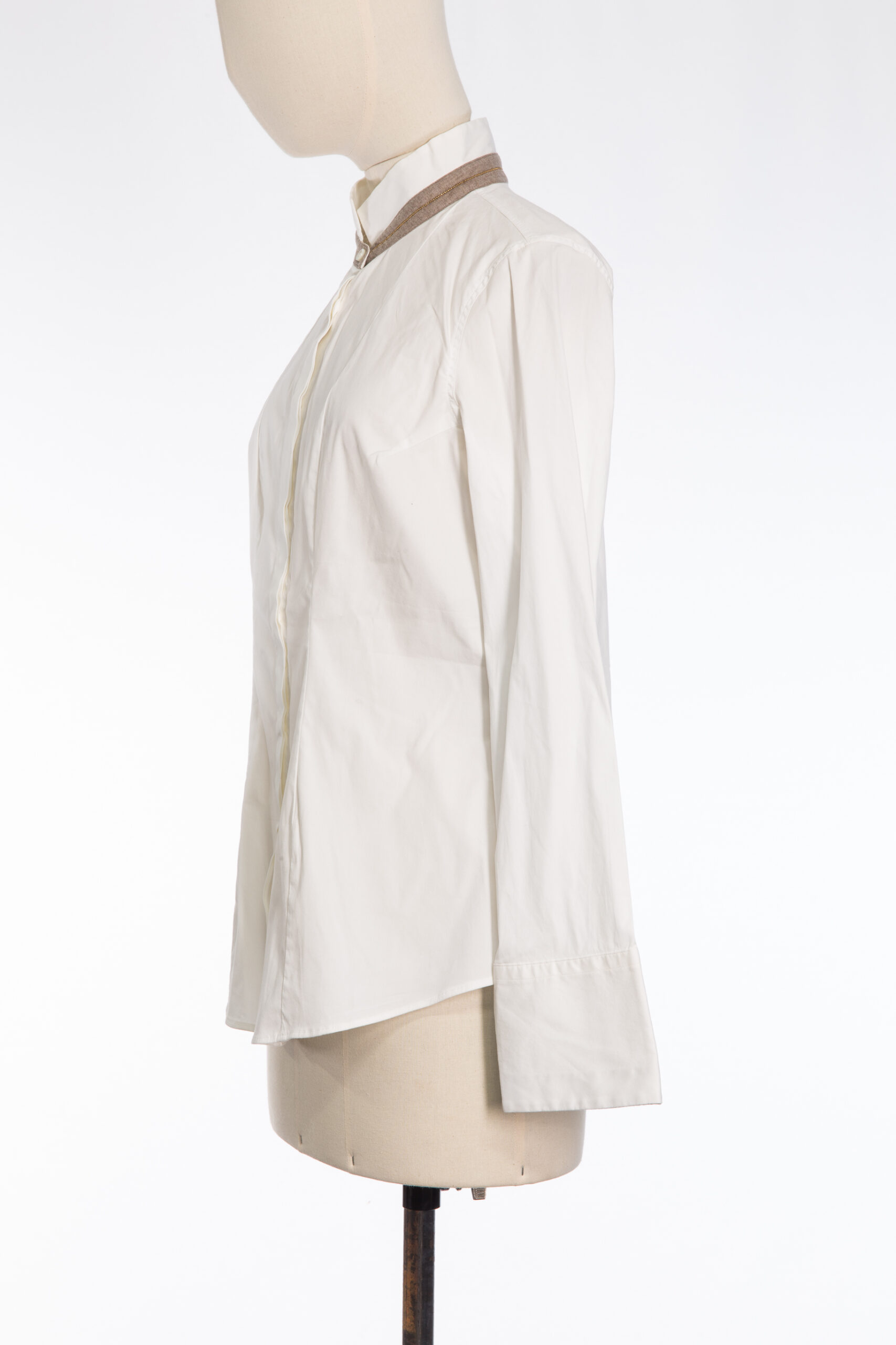 Brunello Cucinelli Classic White Blouse with Cashmere-Silk Trim, Stand Collar & Monili