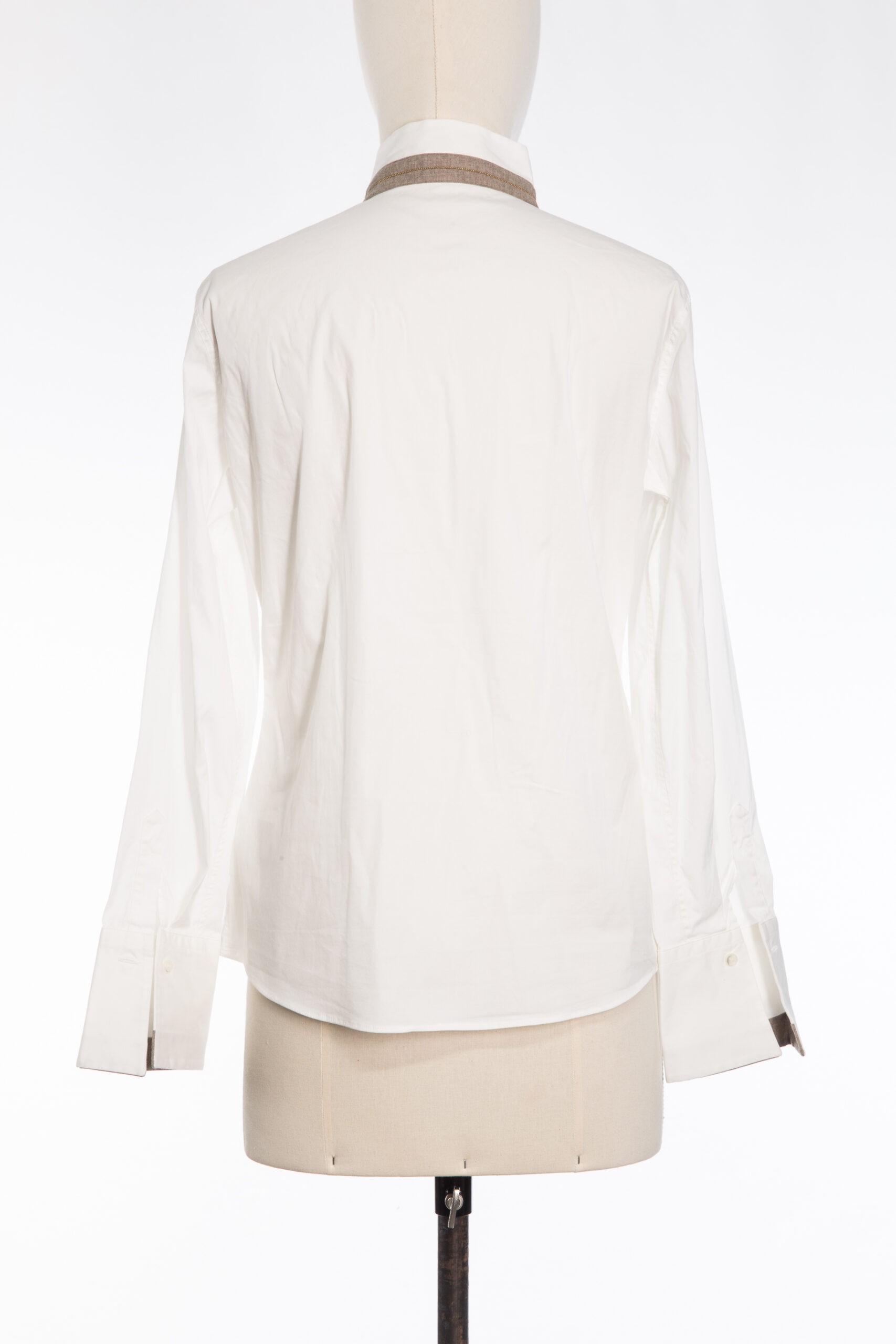 Brunello Cucinelli Classic White Blouse with Cashmere-Silk Trim, Stand Collar & Monili