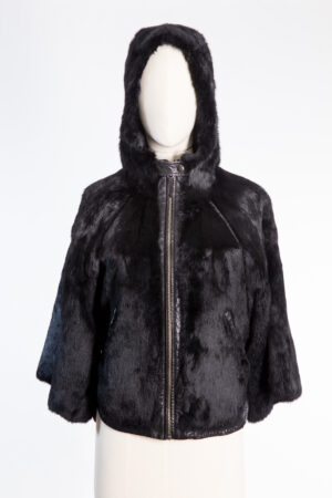 Billtornade Hooded Rabbit Fur Jacket with Leather Trim